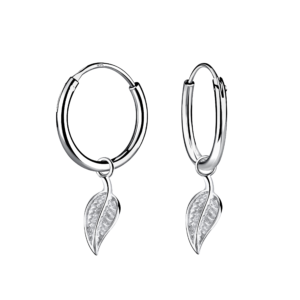 Silver Leaf Charm Hoop Earrings