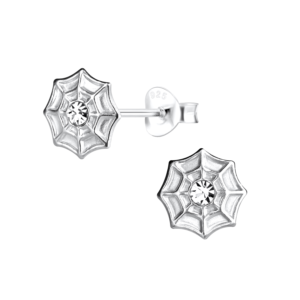 Silver Spider Web Stud Earrings - Crystal