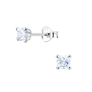4mm Square Cubic Zirconia Silver Stud Earrings - White