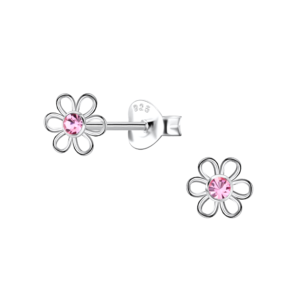 Silver Flower Stud Earrings - Light Rose