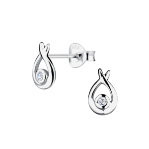 Silver Tear Drop Stud Earrings - White