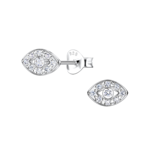 Silver Evil Eye Stud Earrings - White