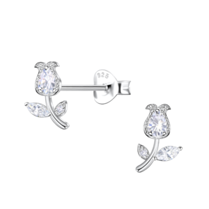 Silver Tulip Flower Stud Earrings - White