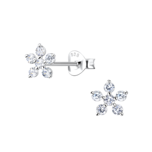 Silver Flower Stud Earrings - White