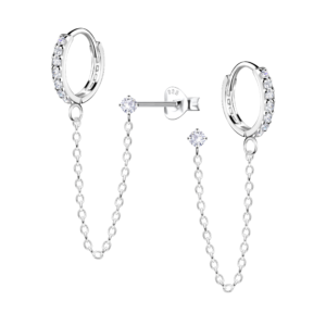12mm Silver Huggie with 2mm Round Cubic Zirconia Stud Earrings - White