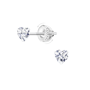 4mm Heart Cubic Zirconia Silver Screw Back Earrings - White