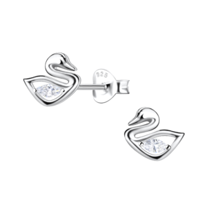 Silver Swan Stud Earrings - White