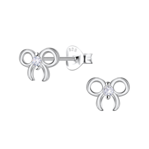 Silver Bow Stud Earrings - White