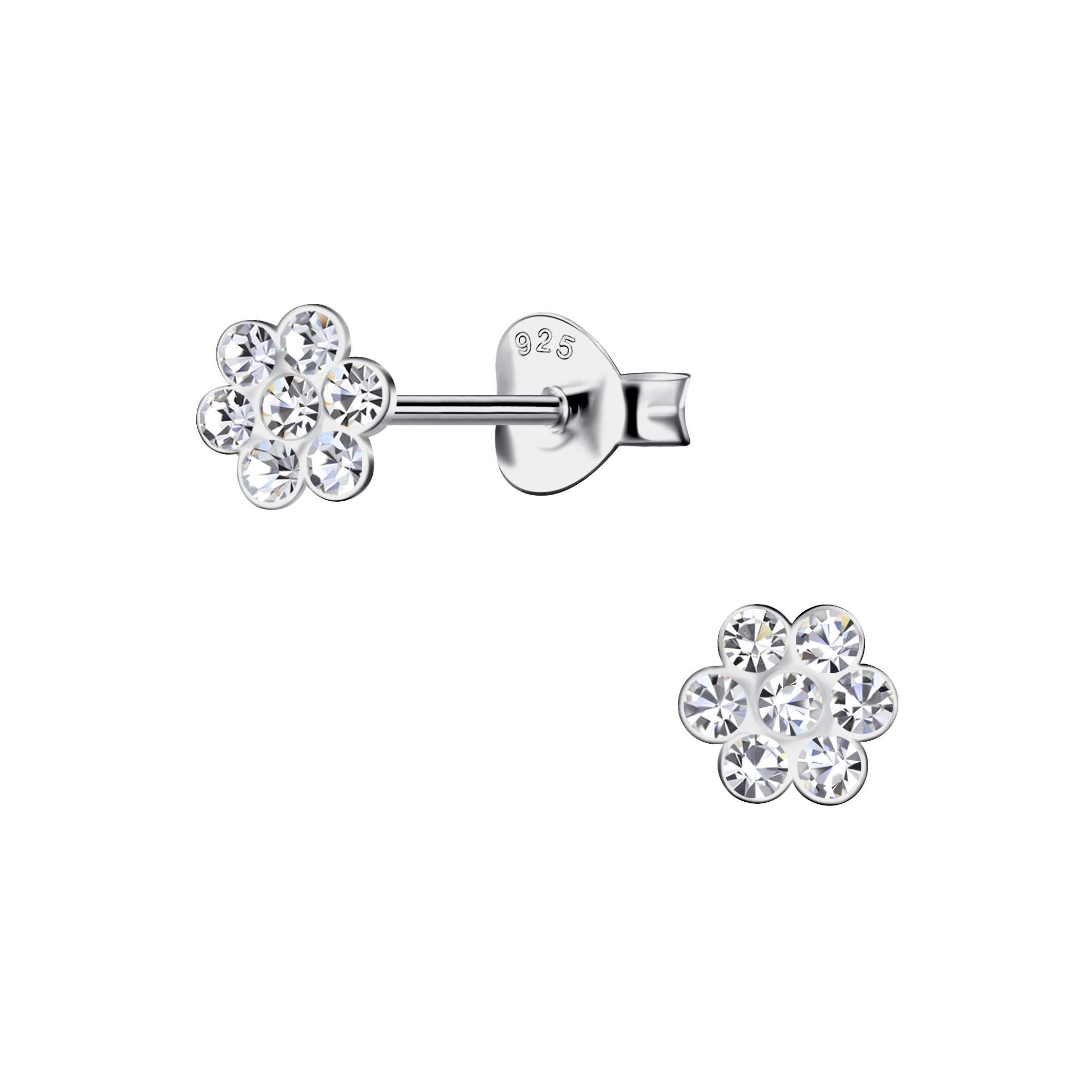 Silver Flower Stud Earrings - Crystal