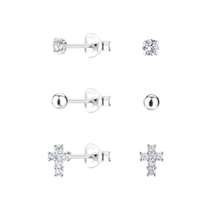 Silver Cross Stud Earrings Set