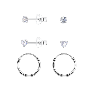 3mm Heart Cubic Zirconia Silver Stud and Hoop Earrings Set