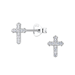 Silver Cross Stud Earrings - White