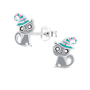Silver Cat Stud Earrings